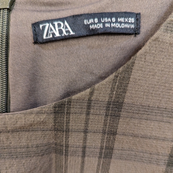 Zara Plaid Ruched Mini Dress Green Grey Sz Small - Picture 5 of 7